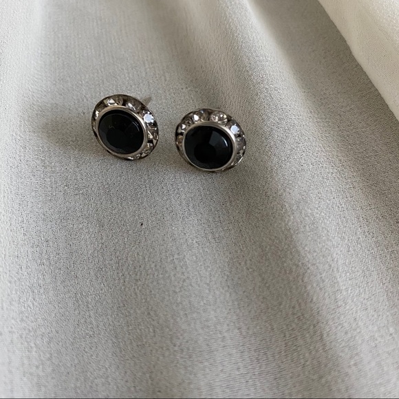 VTG Round Silver Black Jewel CZ Halo Earrings - Picture 2 of 6